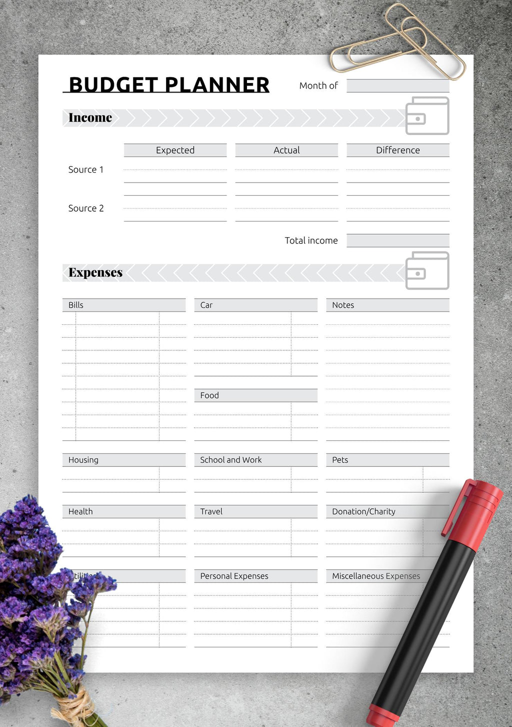 Monthly Budget & Expense Tracker Printable